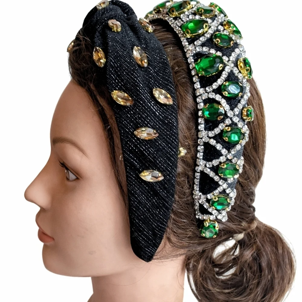 Set of 2 Jeweled Headbands Black Velvet Emerald Green Rhinestone Luxe Glam